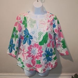 Talbots Pink, Green & Blue Floral Lace Trimmed Tunic Top